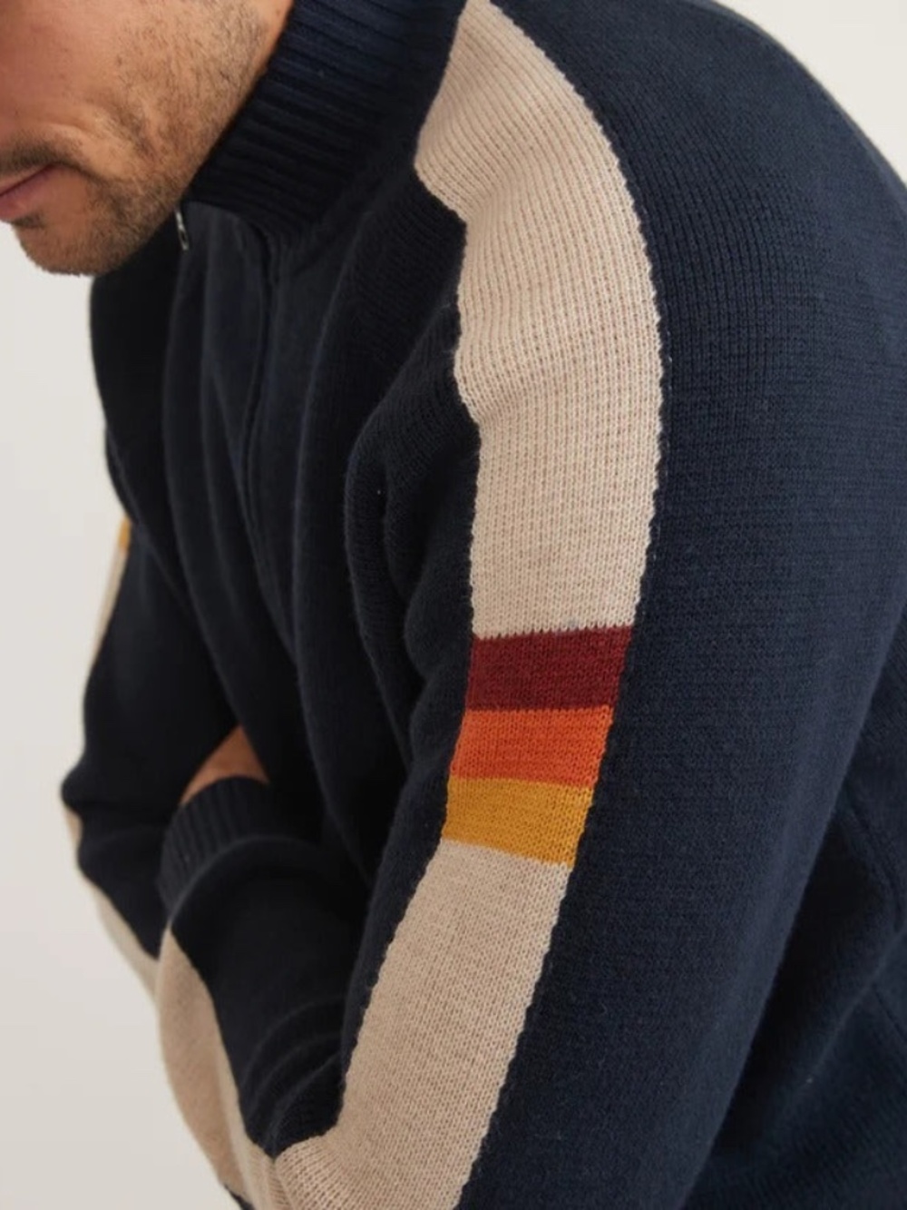 Marine Layer Archive Armas Mens Navy Striped Quarter Zip Wool Blend Sweater L - Picture 2 of 10